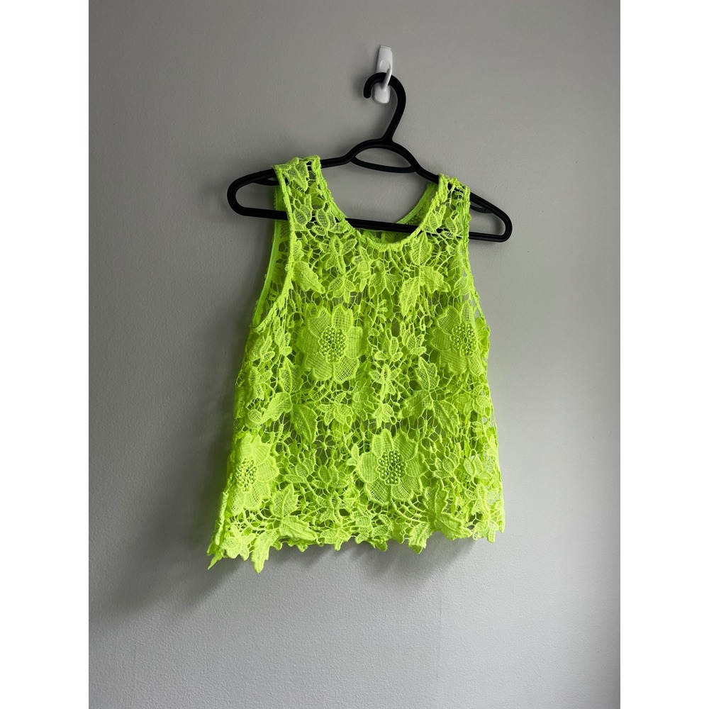 ACEMI Neon Yellow Floral Lace Sleeveless Top Sheer Scalloped Hem Medium Crochet